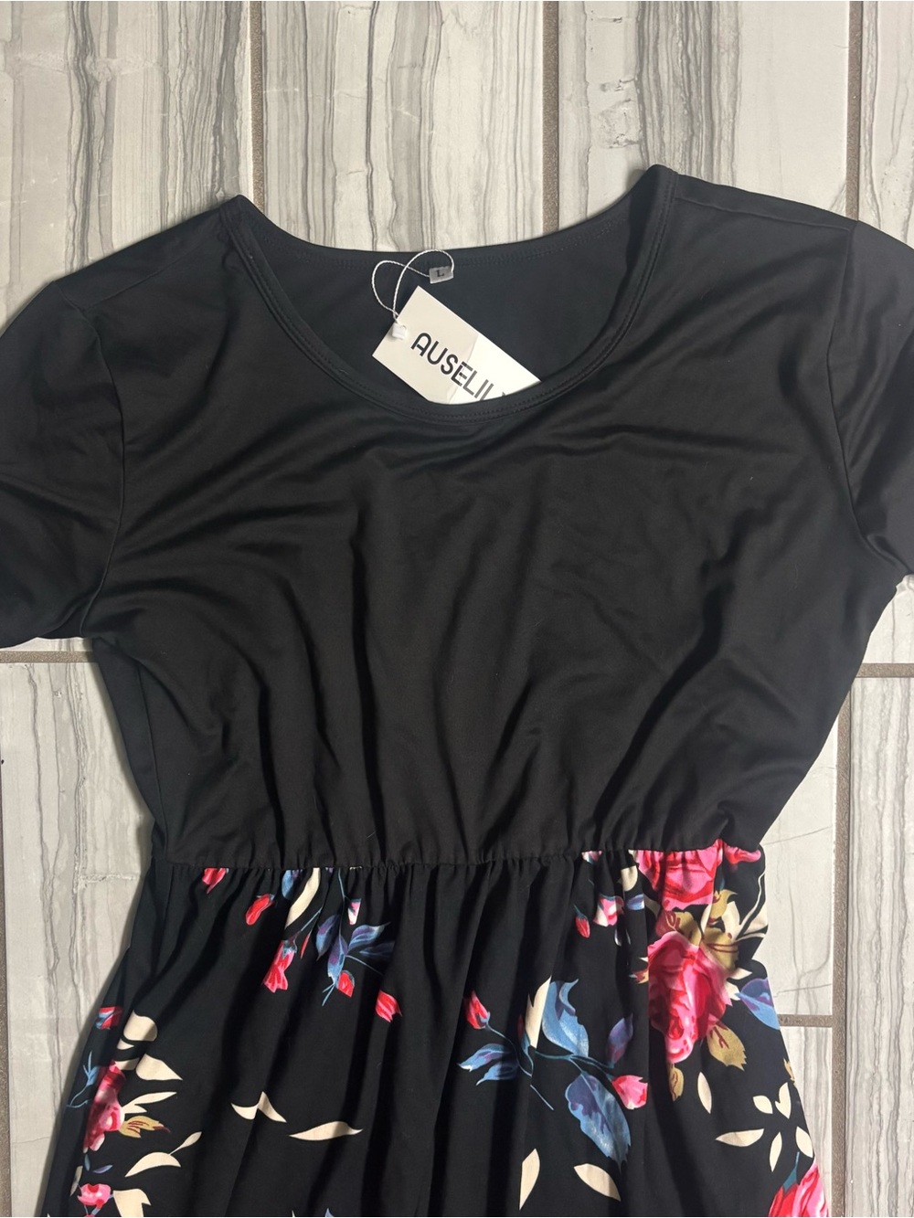 Black Floral Maxi Dress with Pink Rose Print - Picture 2 of 5